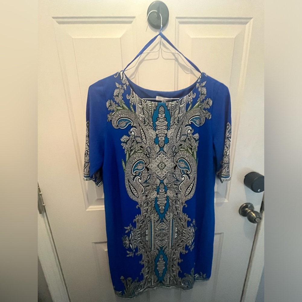 NWT Women’s Sandra Darren Blue Print Elbow Sleeve Shift Dress in Size 16